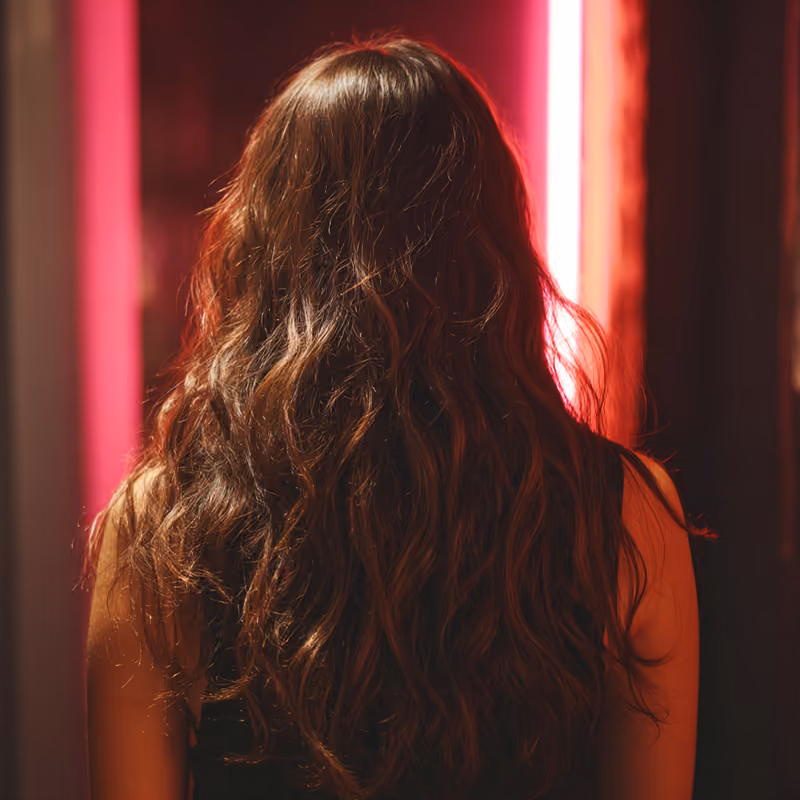 Capelli castani lunghi e mossi, visti di schiena, onde ampie con riflessi caldi